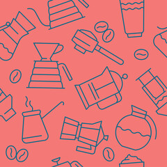 Coffee seamless pattern on pink backdrop. Specialty coffee ornament with vector illustrations in line style. Coffee background vector for creative label design, banner of farmers coffee shop.