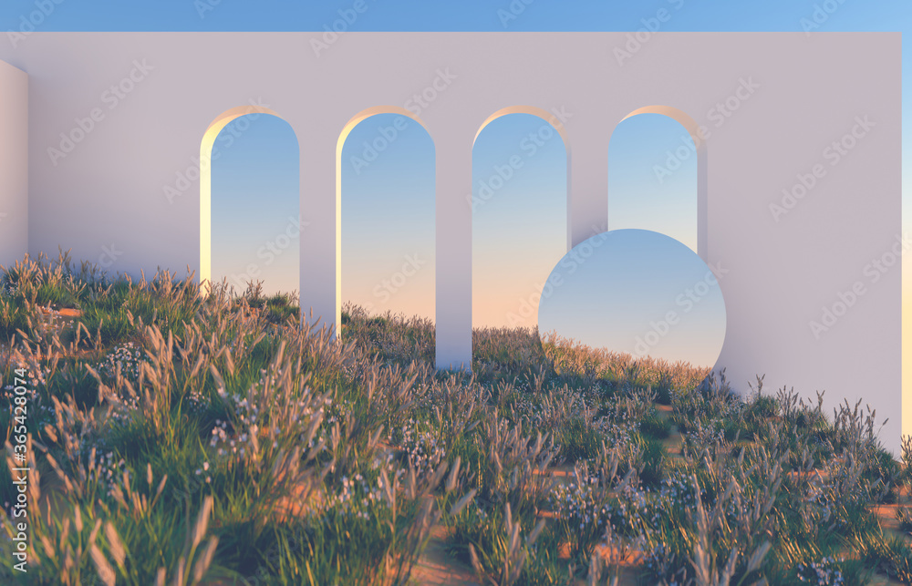Poster scene with geometrical forms, arch with wild flower field in natural day light. minimal 3d landscape