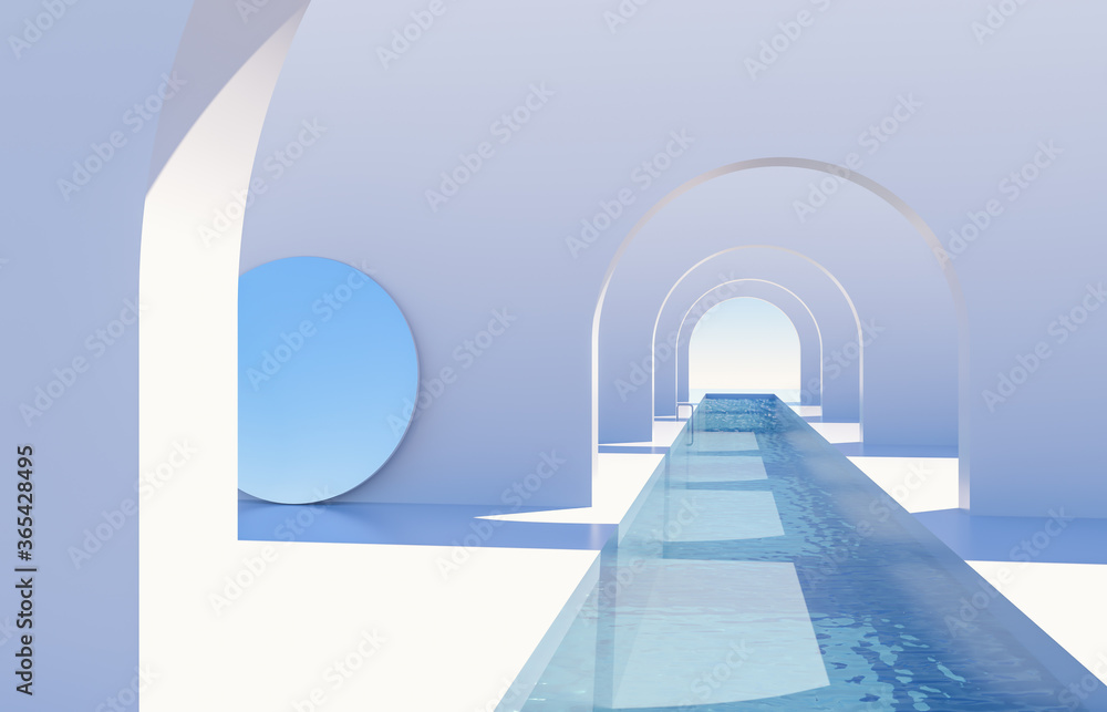 Poster abstract scene with geometrical forms, arch with swimming pool in natural day light. minimal 3d land