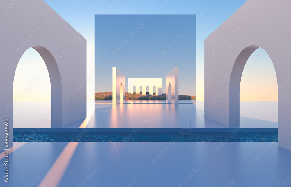 Poster abstract scene with geometrical forms, arch with swimming pool in natural day light. minimal 3d land