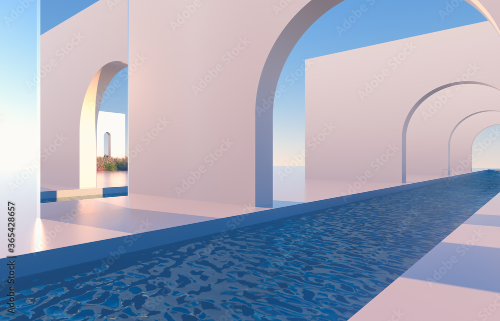Poster Abstract scene with geometrical forms, arch with swimming pool in natural day light. minimal 3d landscape background. 