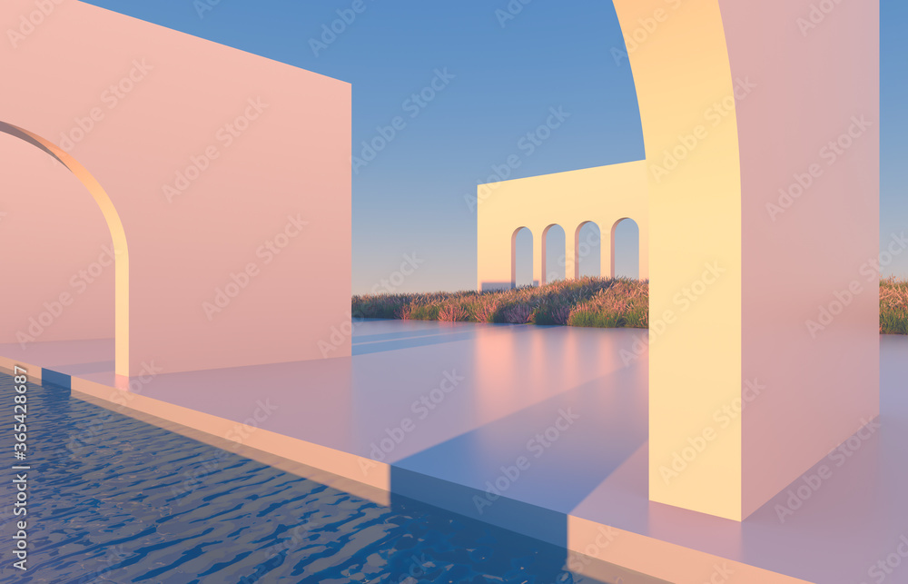 Poster abstract scene with geometrical forms, arch with swimming pool in natural day light. minimal 3d land