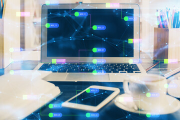 Double exposure of desktop with personal computer on background and tech theme drawing. Concept of data analysis.