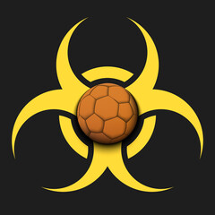 Biohazard symbol with handball ball. Caution biological danger toxic sign. Handball quarantined. Cancellation of sports tournaments. Vector illustration