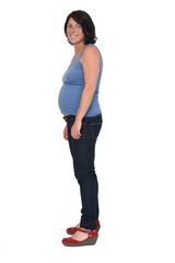 full portrait of a woman with casual clothes on white background, side view