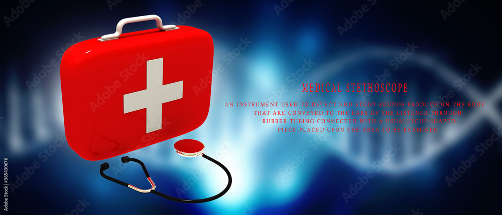 Poster 3d rendering stethoscope with first aid box