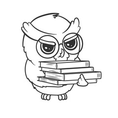 Cute cartoon owl with stack of books isolated on white background. Vector illustration for coloring book