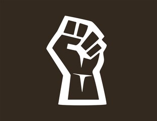 Black silhouette of a male rising fist on a white background with white lines. Black lives matter. Symbol of freedom, fight, revolution, unity, strength and struggle. Simple, basic illustration