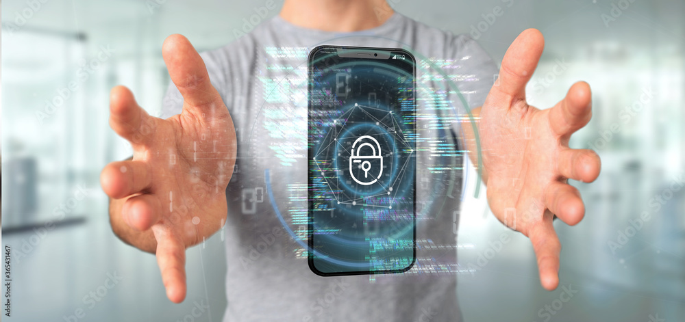 Poster businessman holding security data and smartphone security - 3d rendering