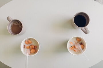 Top view of Instant rice porridge cup as simple fast breakfast.