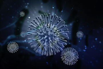 3d render Corona virus disease COVID-19. Microscopic view of a infectious virus
