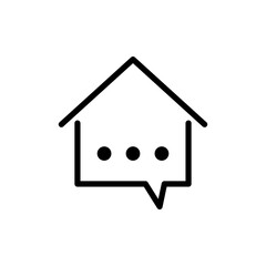 Concepto Real Estate. Logotipo lineal casa con globo de habla en color negro