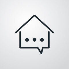 Concepto Real Estate. Logotipo lineal casa con globo de habla en fondo gris