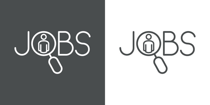 Concepto búsqueda de empleo. Icono plano lineal hombre en lupa con texto Jobs en fondo gris y fondo blanco