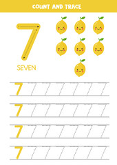 Worksheet for kids. Seven cute cartoon kawaii lemons. Tracing number 7.