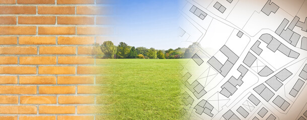 Planning a new city - concept image with an imaginary city map with buildings and roads against a...