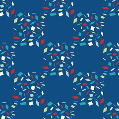 Vector terrazzo style squares geometric seamless vector pattern background. Abstract irregular fine mosaic shard rectangles checkered blue white, red backdrop. All over print for nautical concept.