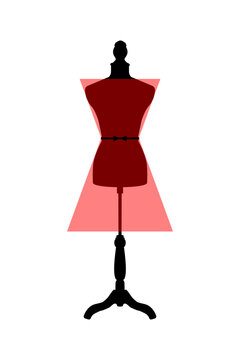 Schematic red women's dress on a mannequin. Vector art image of an illustration isolated on a white background. You can use it to print labels, price tags, and flyers.