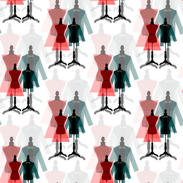 Seamless pattern with the image of a dress and jacket on a mannequin. Graphic color drawing on a white background. You can use it to print labels, price tags, wrapping paper, leaflets, textiles.
