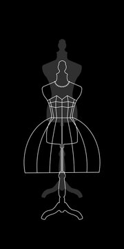Contour image of a mannequin on a black background in a schematic dress. You can use it to print labels, price tags, wrapping paper, and leaflets.