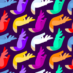 Seamless pattern with colored gloves on an elegant hand. colored gloves on a dark purple background. Perfect for fabrics, backgrounds, clothes.