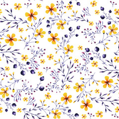 Fototapeta na wymiar Watercolor seamless pattern with floral pattern, yellow and lilac flowers on a white background. Can be used as romantic background, greeting postcards, printed, textile design, packaging design.