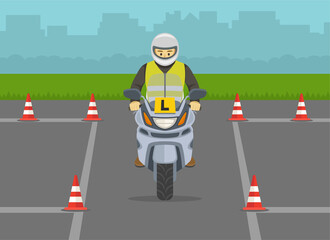 Driving lesson. Learner motorcyclist practising to ride a bike. Flat vector illustration template.