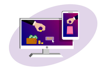 Online payments, money transfers, online purchases. On the monitor and smartphone screen one hand in suit pays golden coin, the second hand holds out the package with the purchase