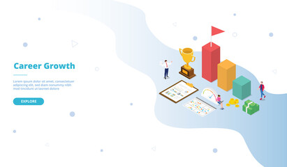 Career growth people standing sitting near big trophy chart box campaign for web website home homepage landing template banner with isometric cartoon style .