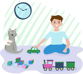 The boy plays at home with toys and cars, next to his favorite pet - striped cat. Time for rest and self-development . Concept of family values. Vector illustration