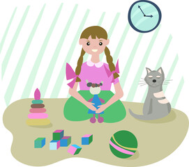 The girl at home plays with toys and a doll, next to her favorite pet - a cat. Time for rest and self-development. The concept of family values. Vector illustration