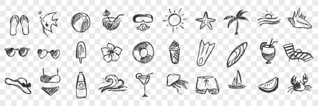 Hand drawn summer symbols doodle set