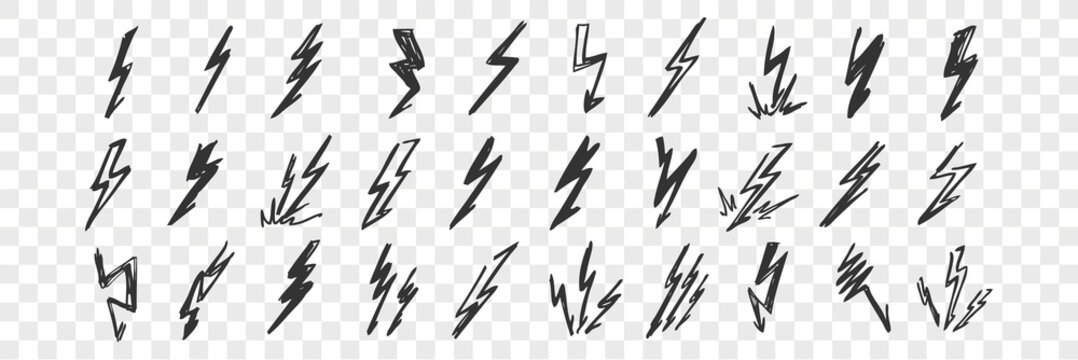 Hand drawn lightning doodle set
