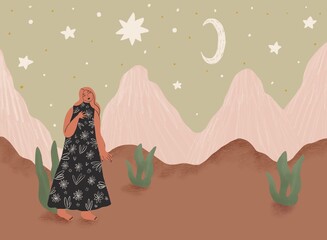 Single woman in desert landscape, earthy neutral illustration, boho style , celestial girl wall art, desert landscape, moon and stars