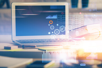 Multi exposure of desktop computer and technology theme hologram. Concept of software development.