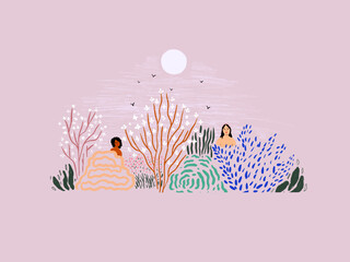 Ladies in the nature, nature lovers, summer time illustration, holiday art
