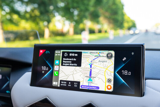 ANGLET, FRANCE - CIRCA JULY 2020: Waze app displayed on DS 3 Crossback's screen via Carplay.