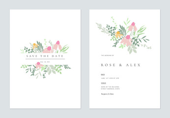 Floral wedding invitation card template design, hand drawn green leaves and flowers on white