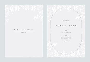 Floral wedding invitation card template design, hand drawn white leaves on bright grey - 365437647