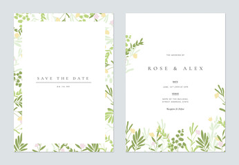 Floral wedding invitation card template design, hand drawn green leaves and flowers on white