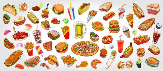 Hand drawn colorful background with food and beverage varieties. - obrazy, fototapety, plakaty