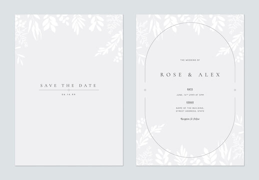 Floral Wedding Invitation Card Template Design, Hand Drawn White Leaves On Bright Grey