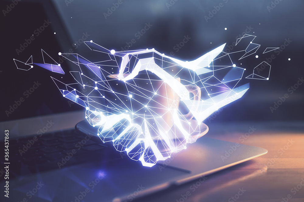 Poster desktop computer background in office and handshake hologram drawing. double exposure. pertnership c