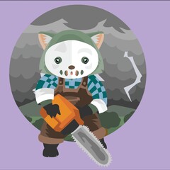 wombat with white mask and chainsaw