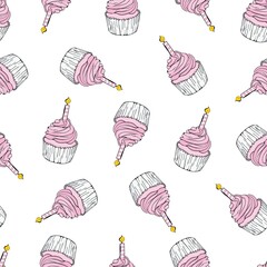 Seamless happy birthday balloon cake and decoration background pattern in vector