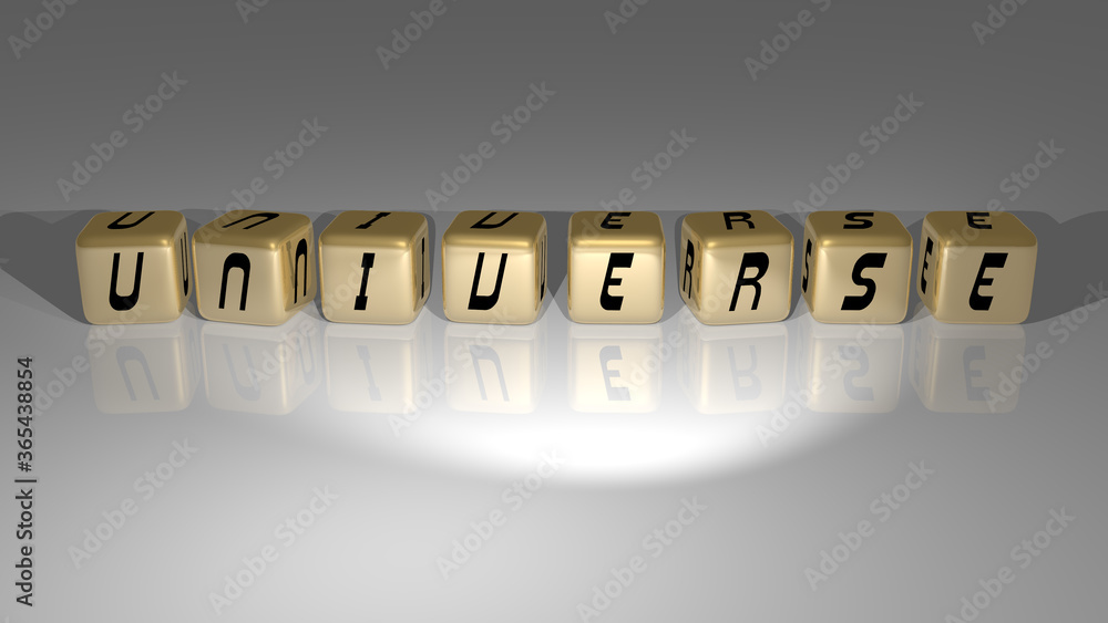 Poster 3d graphical image of universe vertically along with text built by metallic cubic letters from the t