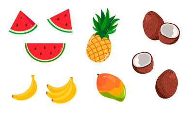 Vector set of tropical fruits-banana, coconut, mango, pineapple, watermelon. Single elements on a white background. Images for t-shirts, gifts, packaging, postcards, children's products.