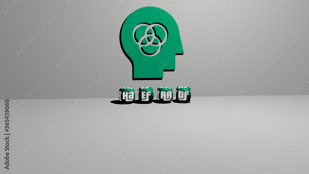 Poster 3D representation of HEAD with icon on the wall and text arranged by metallic cubic letters on a mirror floor for concept meaning and slideshow presentation. illustration and background