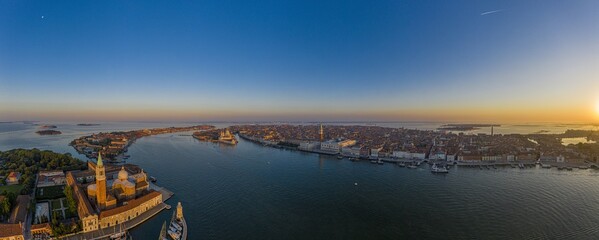 Aerial panorama of the lagoon of Venice and Lido island during sunrise