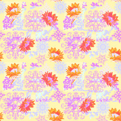 Fototapeta na wymiar Patchwork with sunflowers and ornaments, seamless pattern.